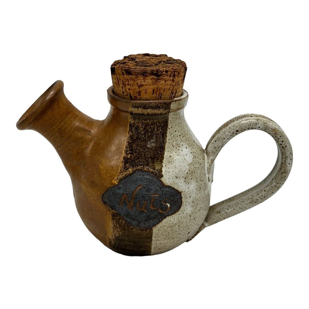 Studio Art Speckled Pottery "Nuts" Cork Lid Pour‎ Spout Signed Snack Jar Fathers